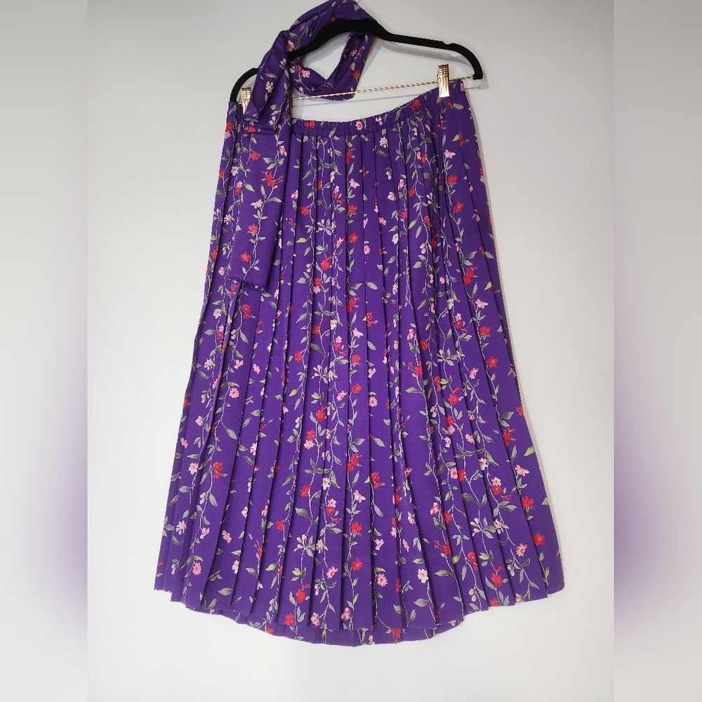 Vintage 80s pleated purple red floral stretch waist skirt w/scarf Size 16 Cute!